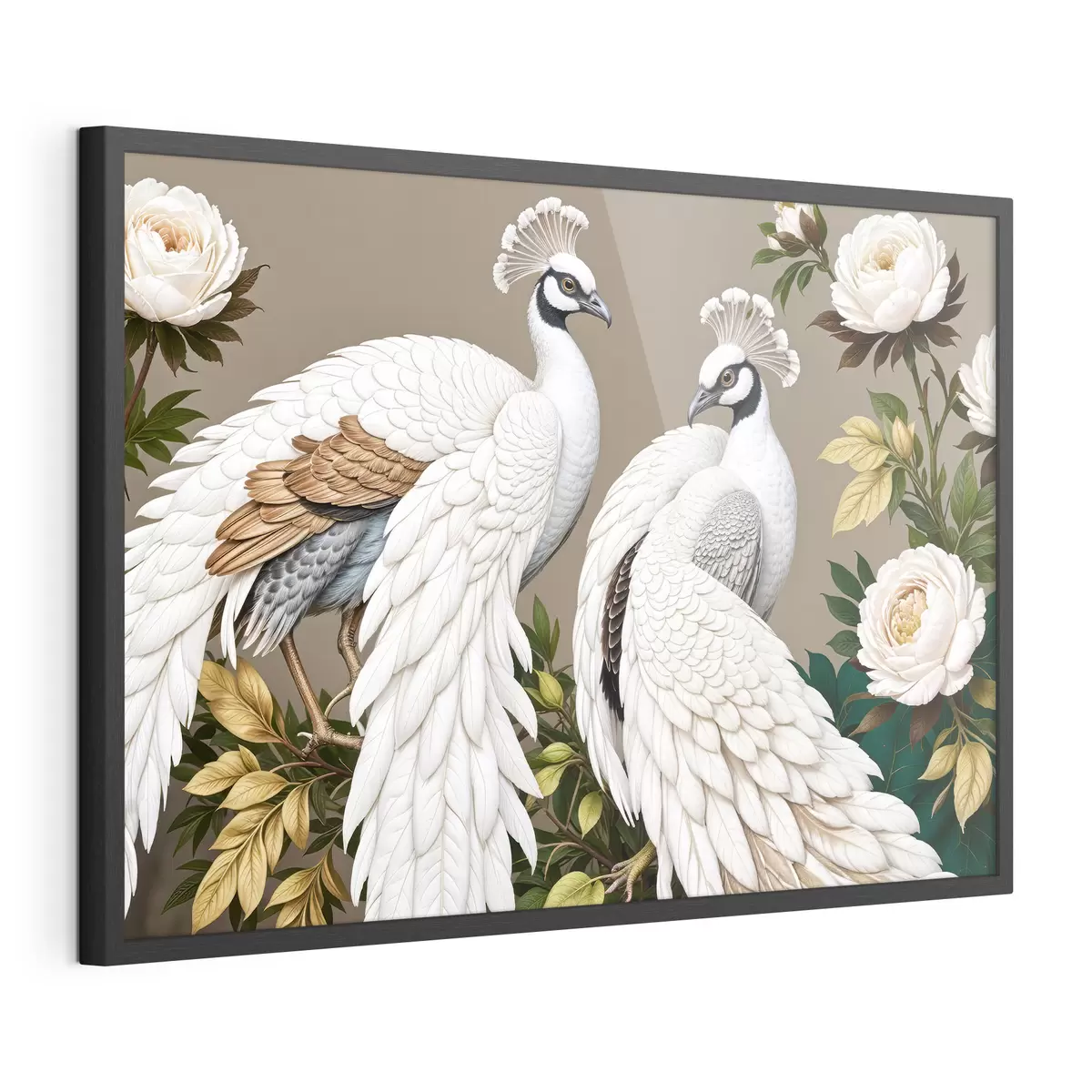Poster Deux paons blancs aux plumes ornées perchés sur une branche avec des fleurs f40022