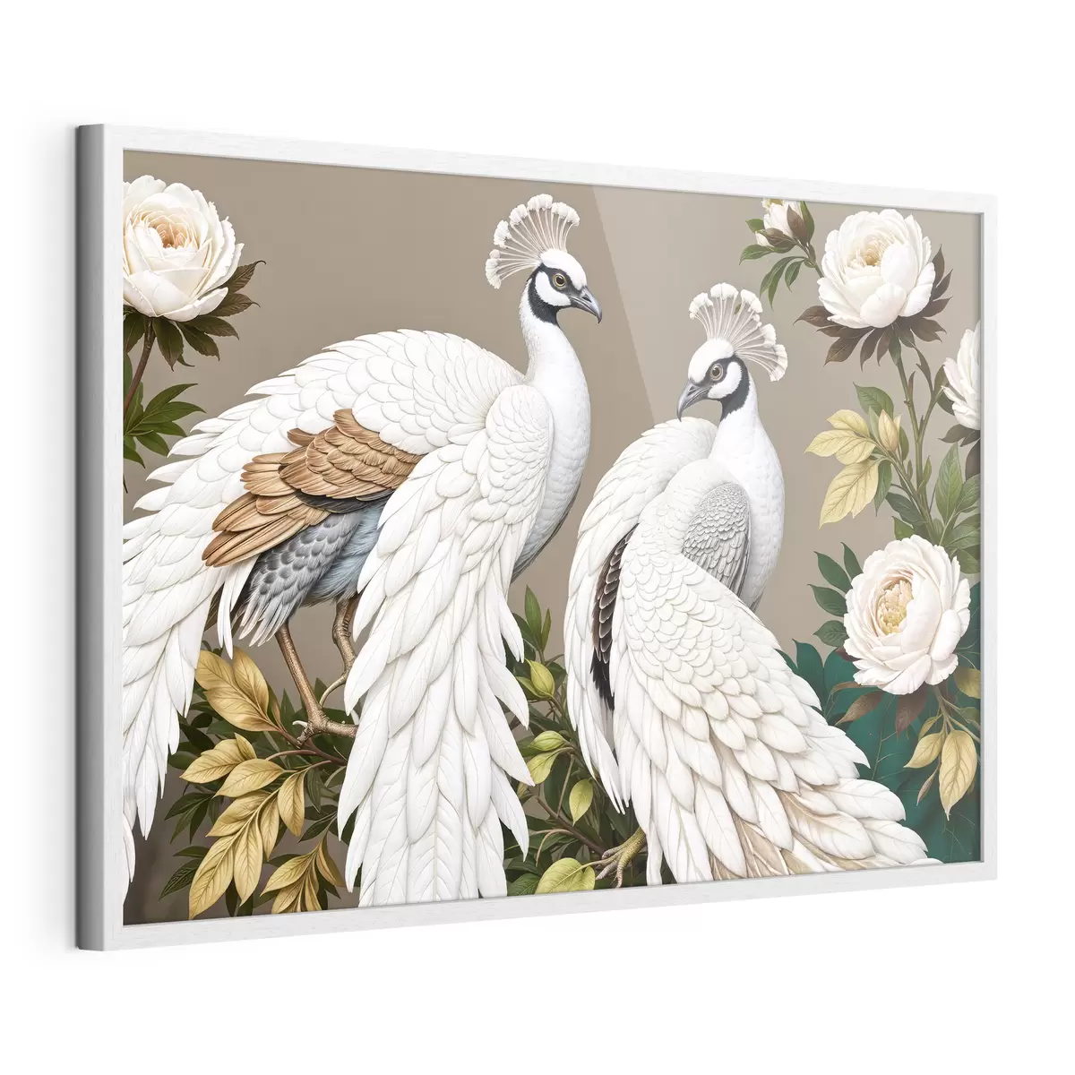 Poster Deux paons blancs aux plumes ornées perchés sur une branche avec des fleurs f40022
