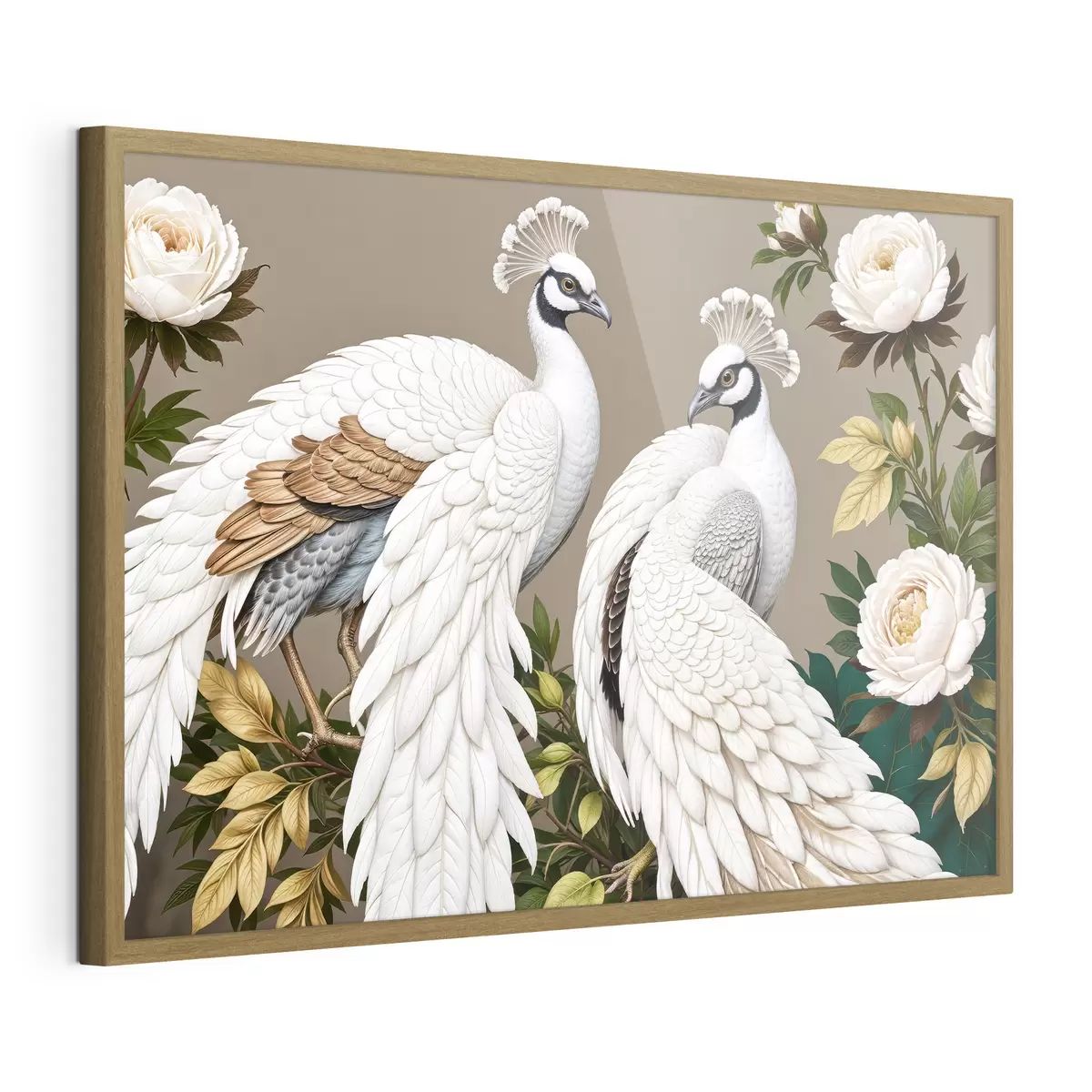 Poster Deux paons blancs aux plumes ornées perchés sur une branche avec des fleurs f40022