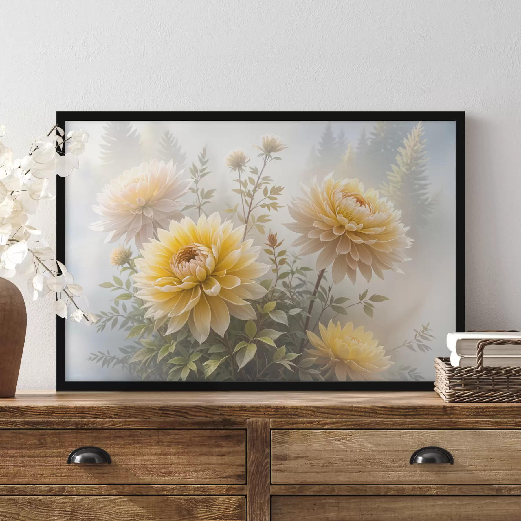 Papier peint Fleurs de dahlia jaunes dans un jardin avec un arrière-plan de forêt flou f40033