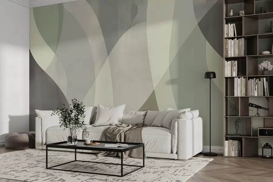 Papier peint Courbes douces aux tons neutres avec des lignes fluides et des dégradés verts, minimalistes et modernes w01334