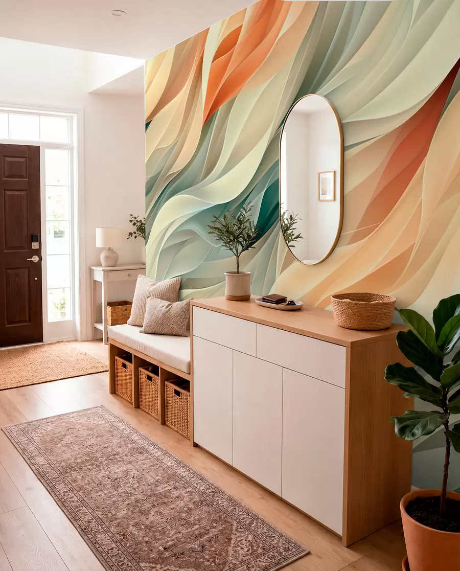 Papier peint Design abstrait fascinant avec des vagues pastel douces dans des couleurs chaudes w01335v1