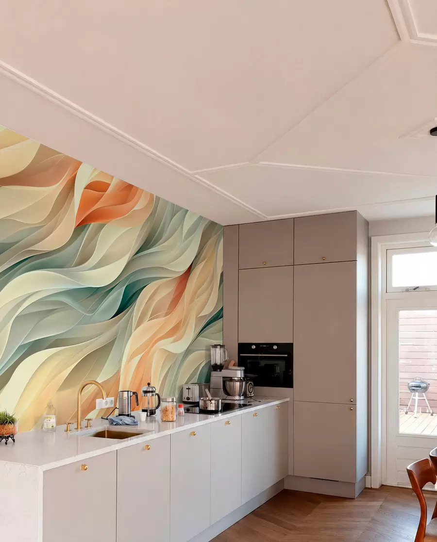 Papier peint Design abstrait fascinant avec des vagues pastel douces dans des couleurs chaudes w01335v1