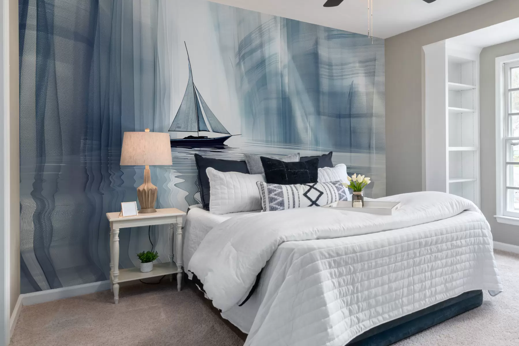Papier peint Bateau sur l'eau dans un style futuriste avec des couleurs bleues w01338