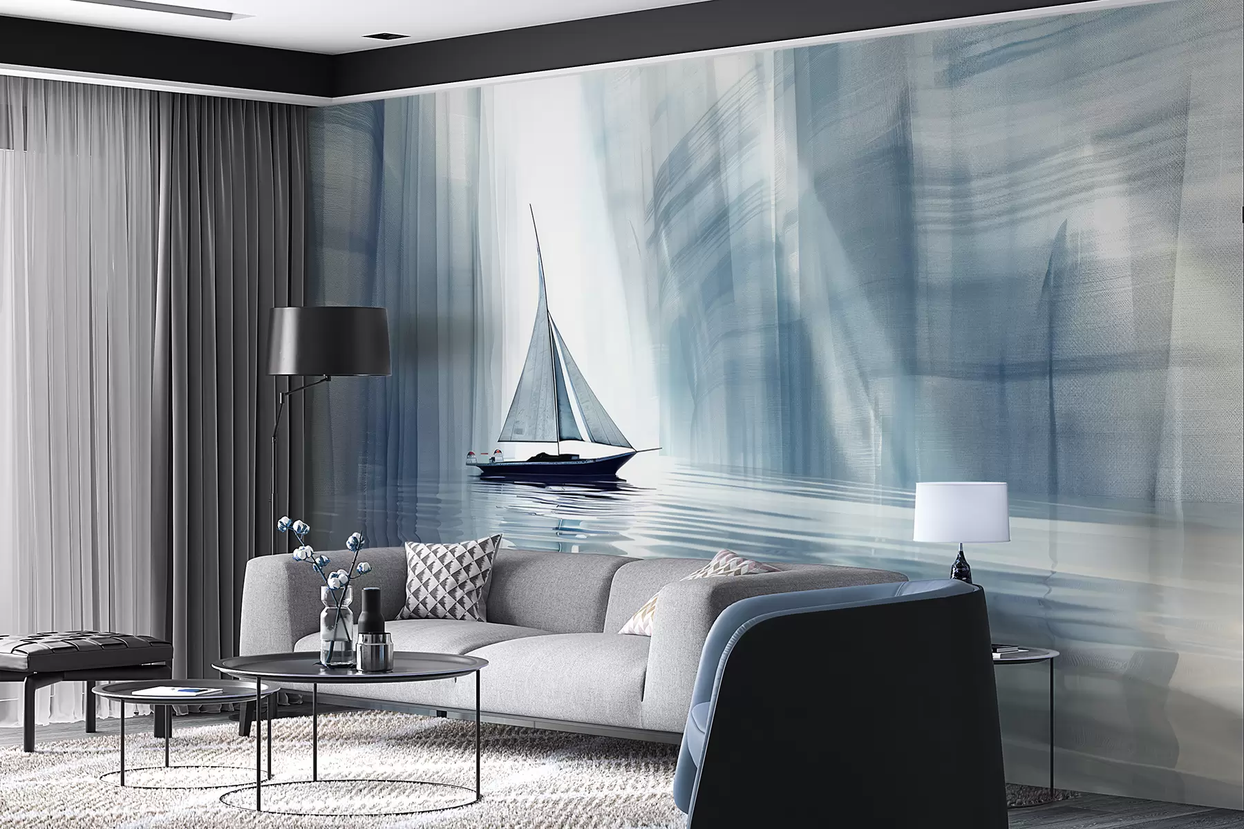 Papier peint Bateau sur l'eau dans un style futuriste avec des couleurs bleues w01338
