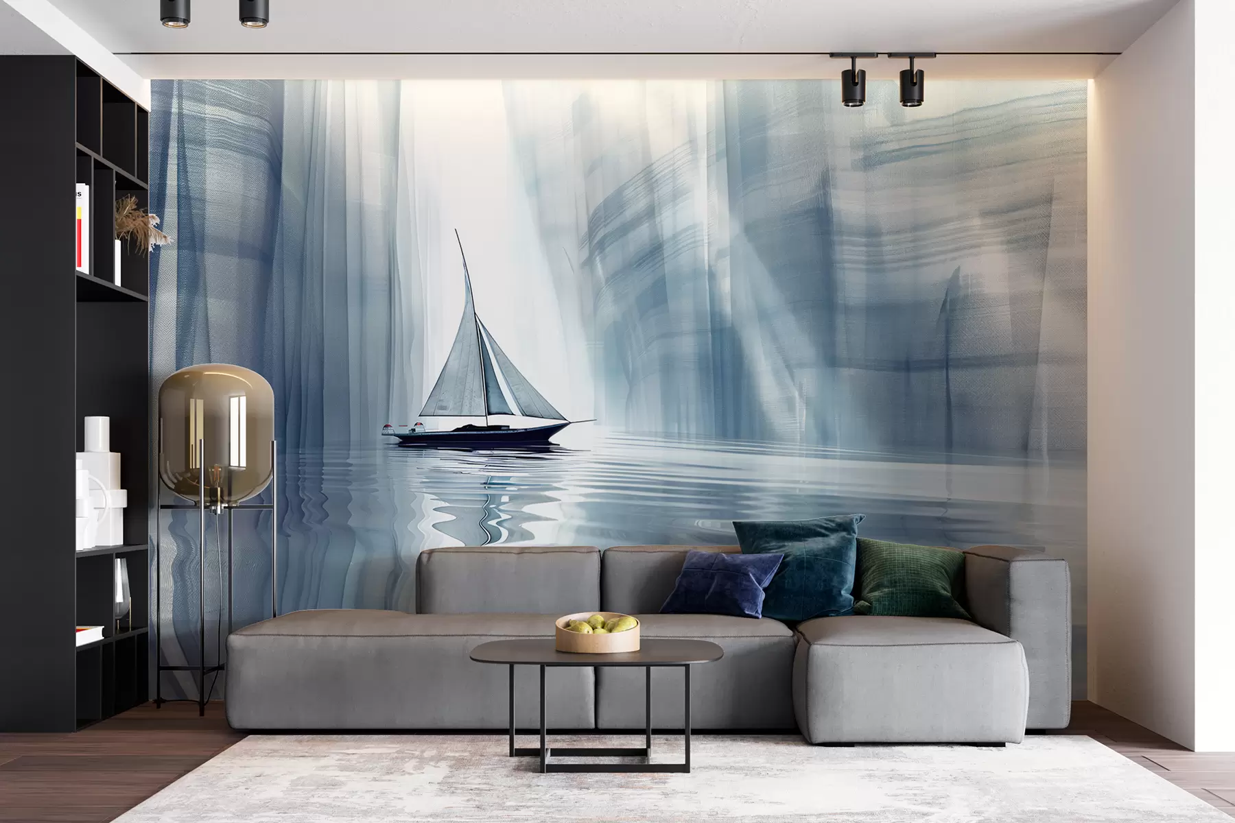 Papier peint Bateau sur l'eau dans un style futuriste avec des couleurs bleues w01338