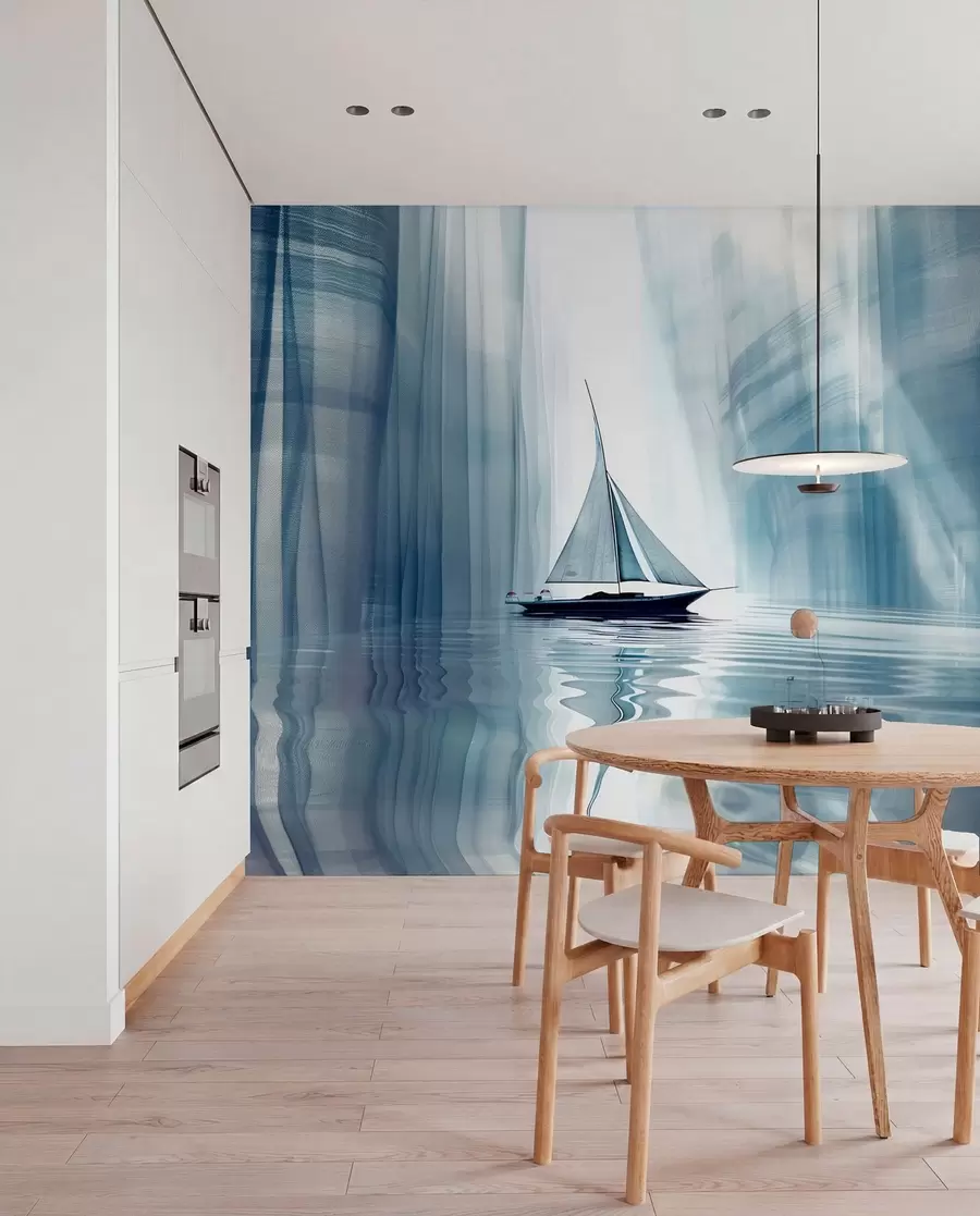 Papier peint Bateau sur l'eau dans un style futuriste avec des couleurs bleues w01338