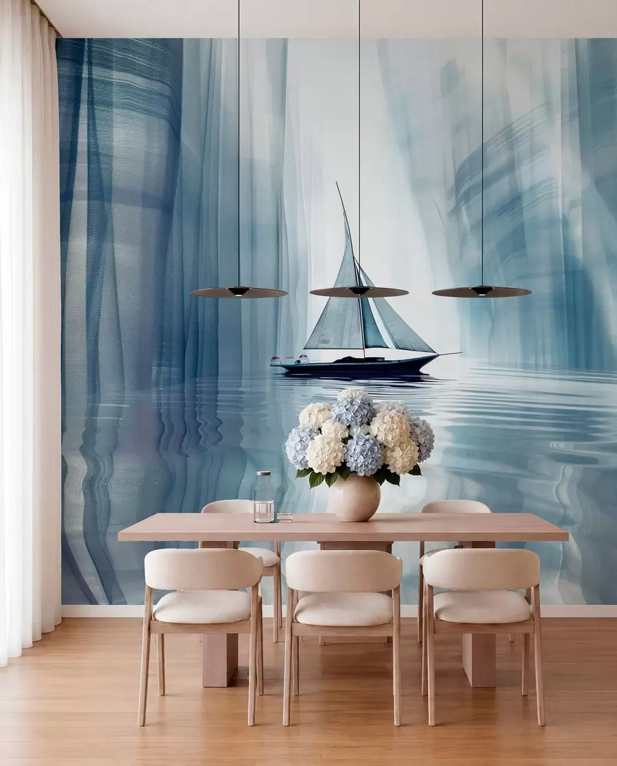 Papier peint Bateau sur l'eau dans un style futuriste avec des couleurs bleues w01338