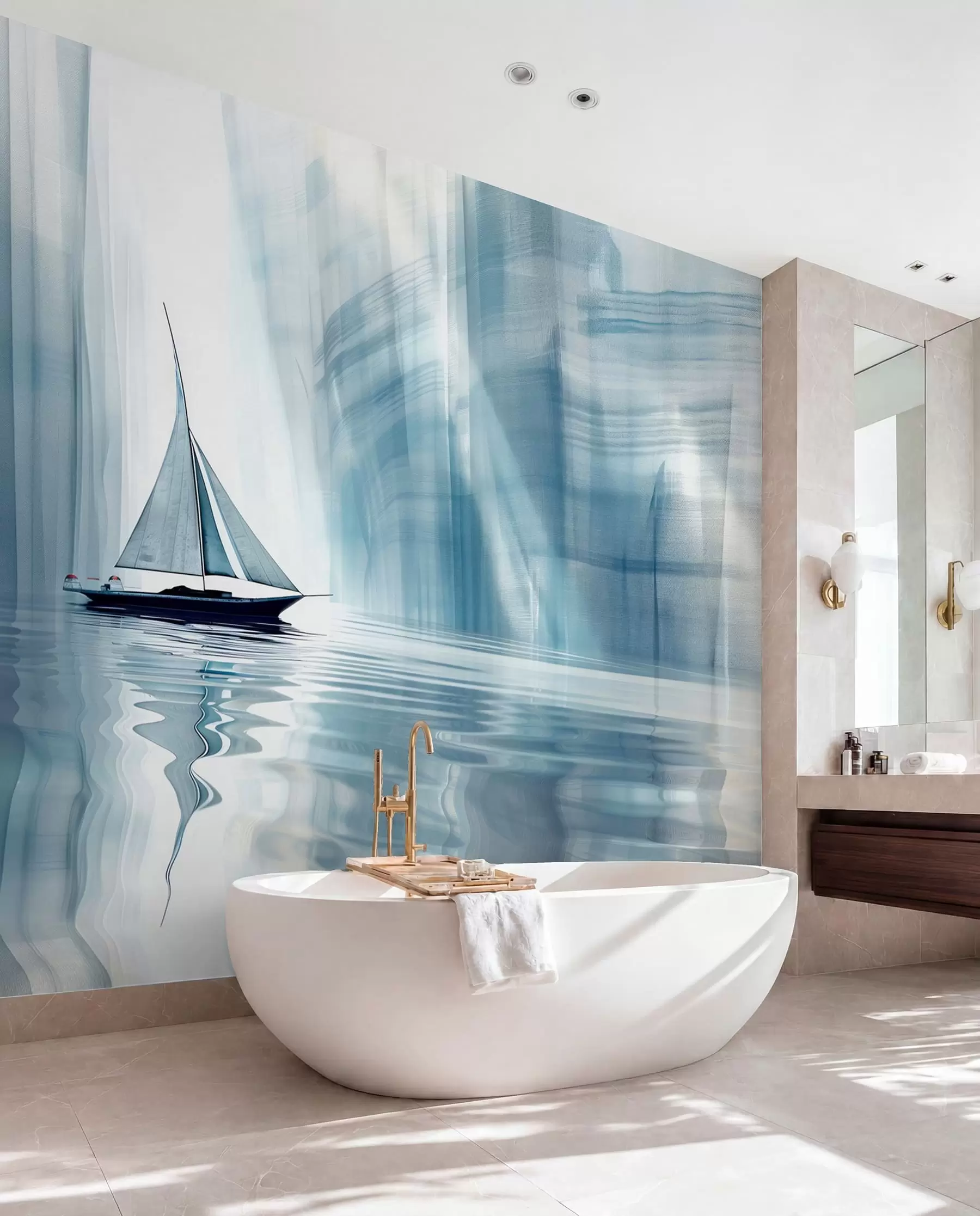 Papier peint Bateau sur l'eau dans un style futuriste avec des couleurs bleues w01338
