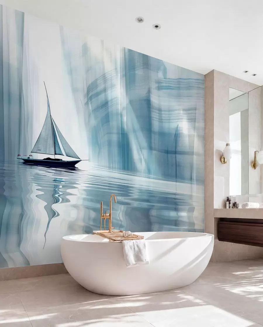 Papier peint Bateau sur l'eau dans un style futuriste avec des couleurs bleues w01338