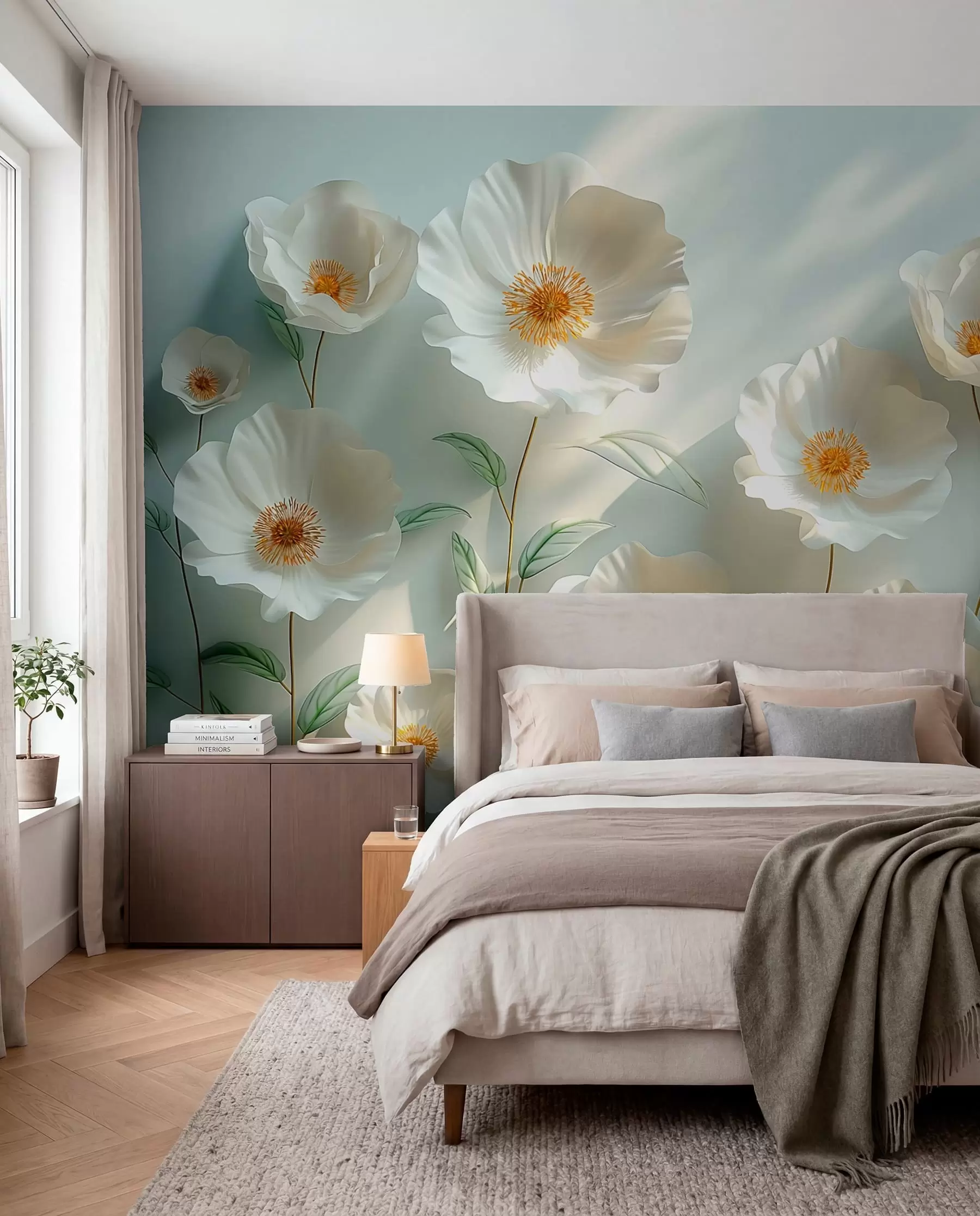 Papier peint Coquelicots blancs contre un mur avec la lumière du soleil et un effet 3D w01339