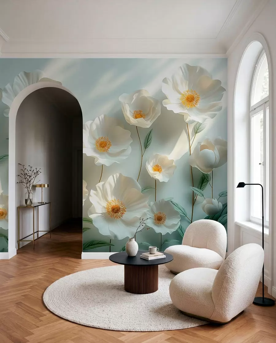 Papier peint Coquelicots blancs contre un mur avec la lumière du soleil et un effet 3D w01339