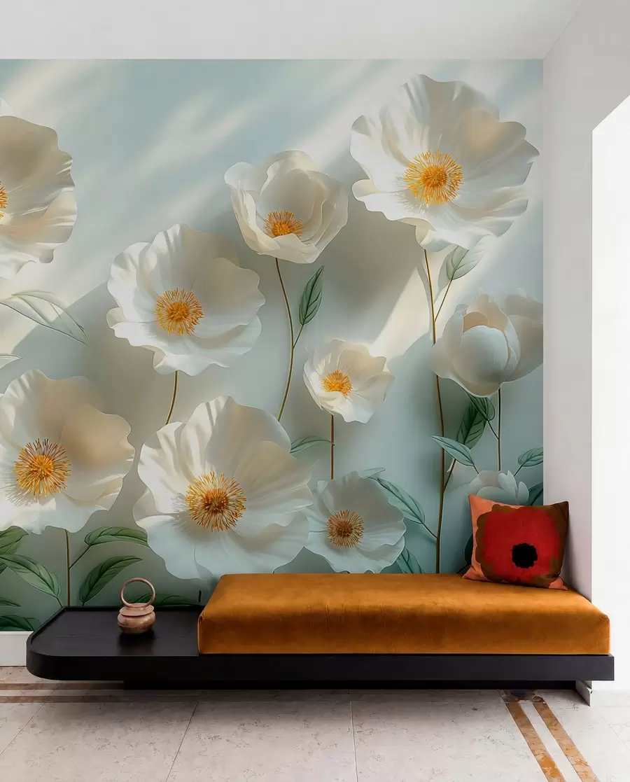 Papier peint Coquelicots blancs contre un mur avec la lumière du soleil et un effet 3D w01339