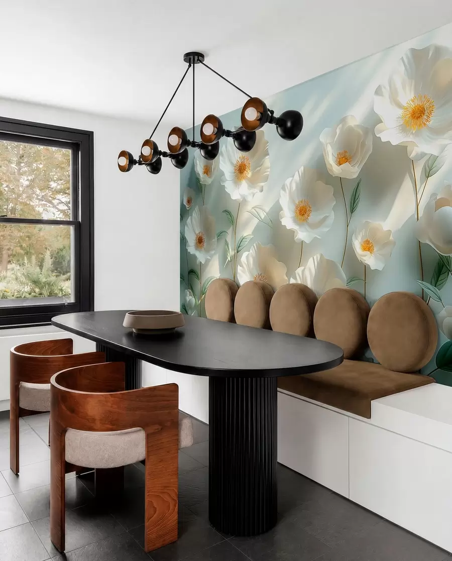 Papier peint Coquelicots blancs contre un mur avec la lumière du soleil et un effet 3D w01339