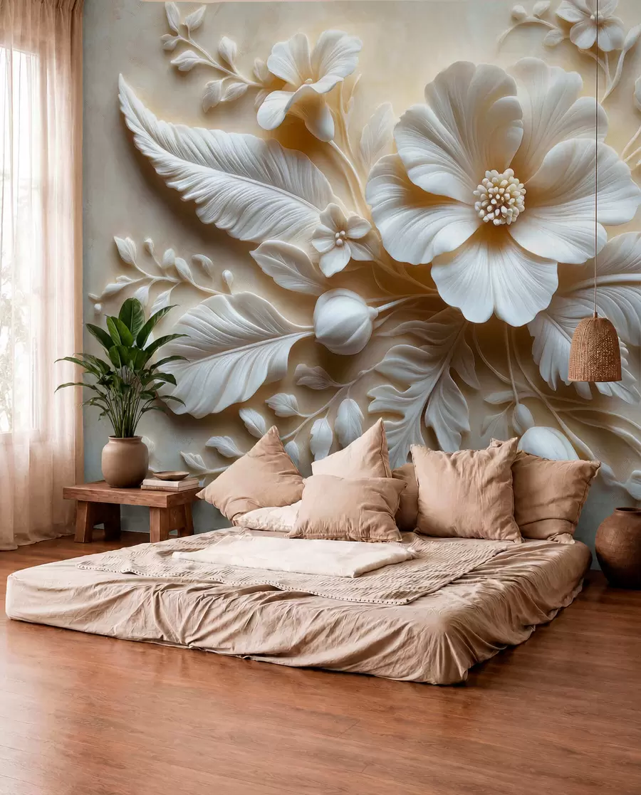 Papier peint Tableau mural en relief 3D représentant des plumes et des fleurs, avec un grand coquelicot aux couleurs beiges w01340