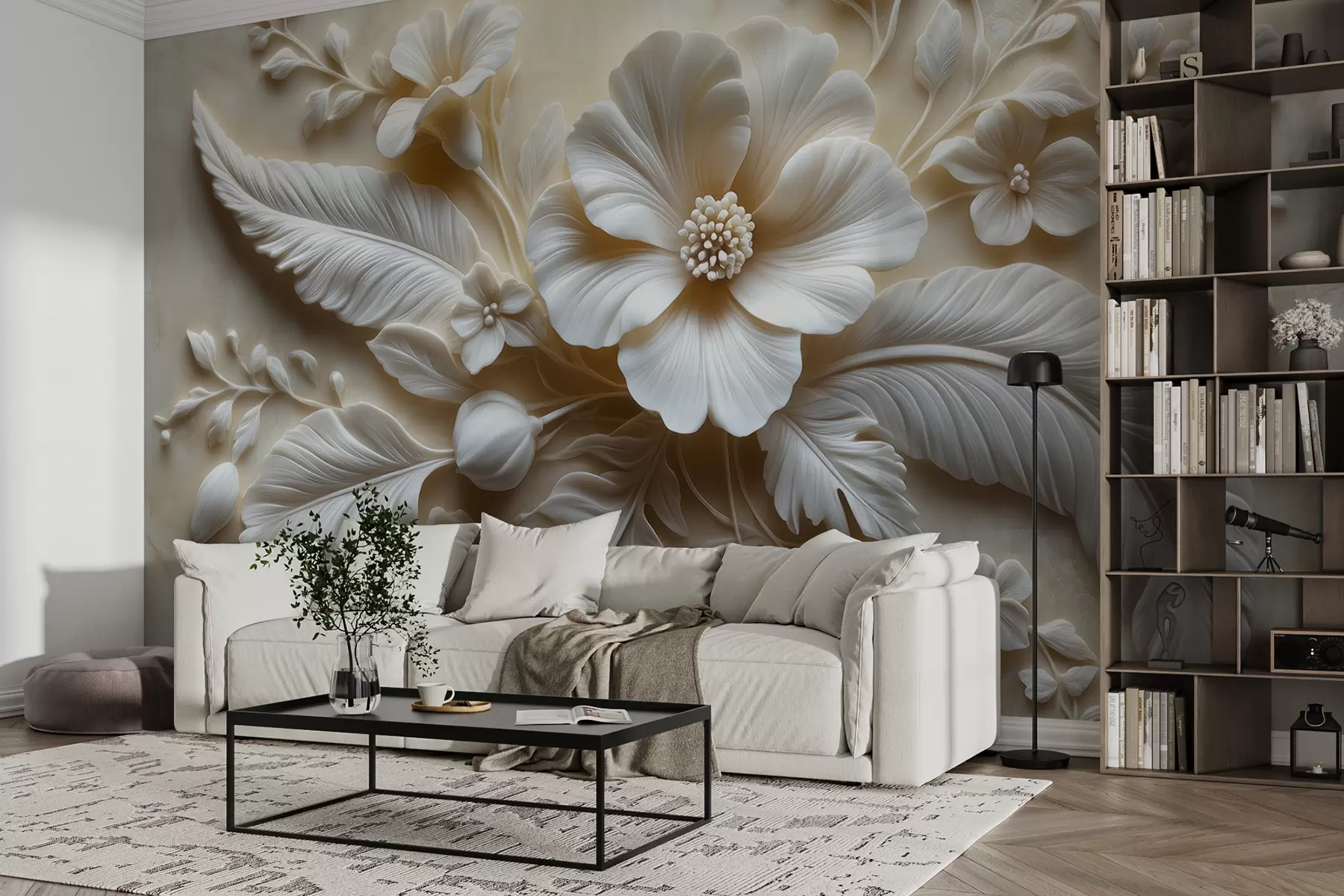 Papier peint Tableau mural en relief 3D représentant des plumes et des fleurs, avec un grand coquelicot aux couleurs beiges w01340