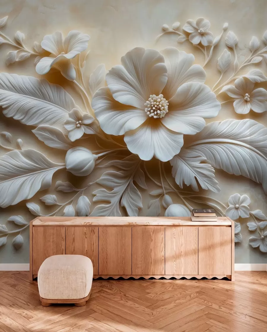 Papier peint Tableau mural en relief 3D représentant des plumes et des fleurs, avec un grand coquelicot aux couleurs beiges w01340