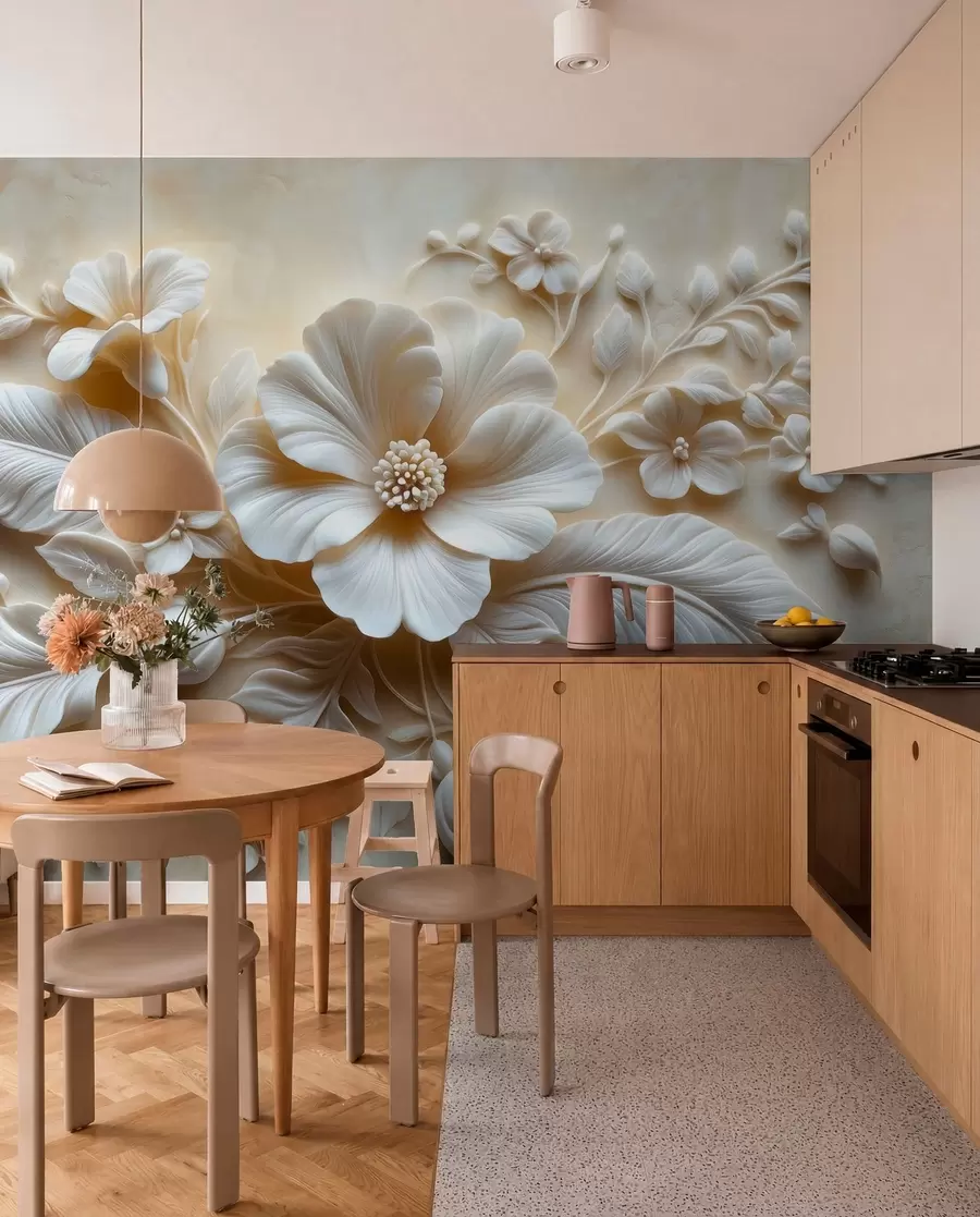 Papier peint Tableau mural en relief 3D représentant des plumes et des fleurs, avec un grand coquelicot aux couleurs beiges w01340