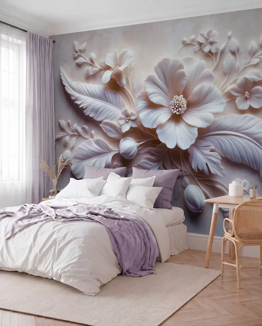 Papier peint Décoration murale en relief 3D avec plumes et fleurs, avec un grand coquelicot aux couleurs rose clair w01340v1