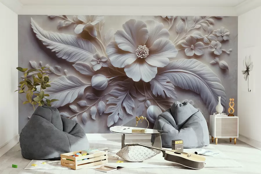 Papier peint Décoration murale en relief 3D avec plumes et fleurs, avec un grand coquelicot aux couleurs rose clair w01340v1