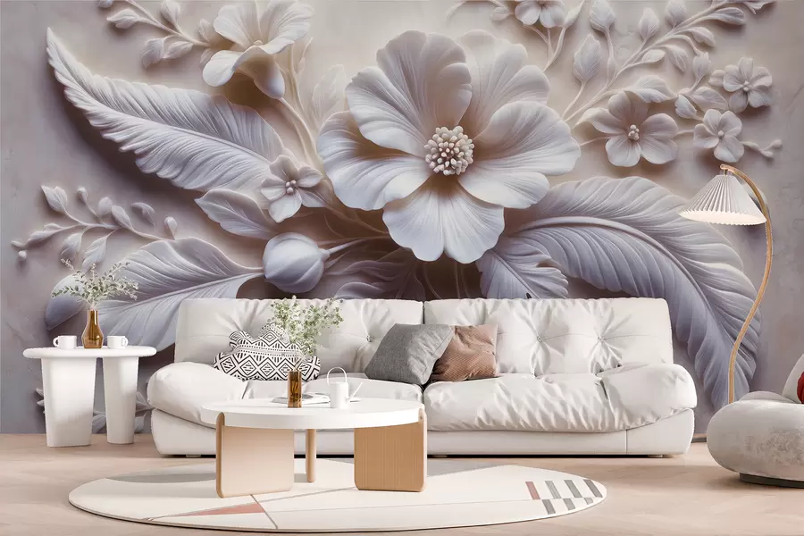 Papier peint Décoration murale en relief 3D avec plumes et fleurs, avec un grand coquelicot aux couleurs rose clair w01340v1