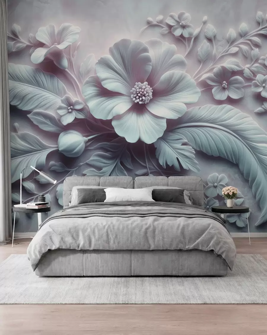 Papier peint Décoration murale en relief 3D représentant des plumes et des fleurs, avec un grand coquelicot aux couleurs bleu clair w01340v2