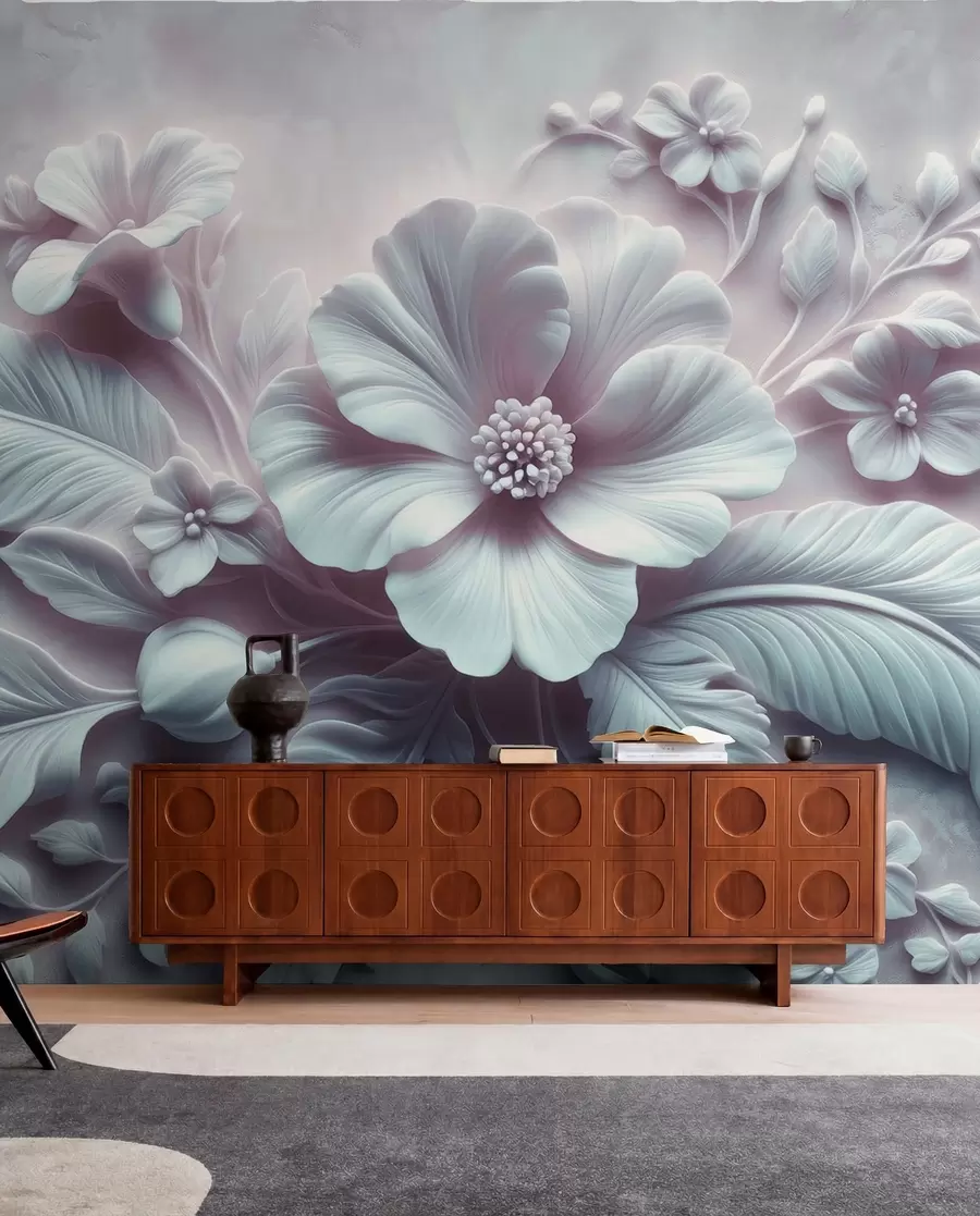 Papier peint Décoration murale en relief 3D représentant des plumes et des fleurs, avec un grand coquelicot aux couleurs bleu clair w01340v2