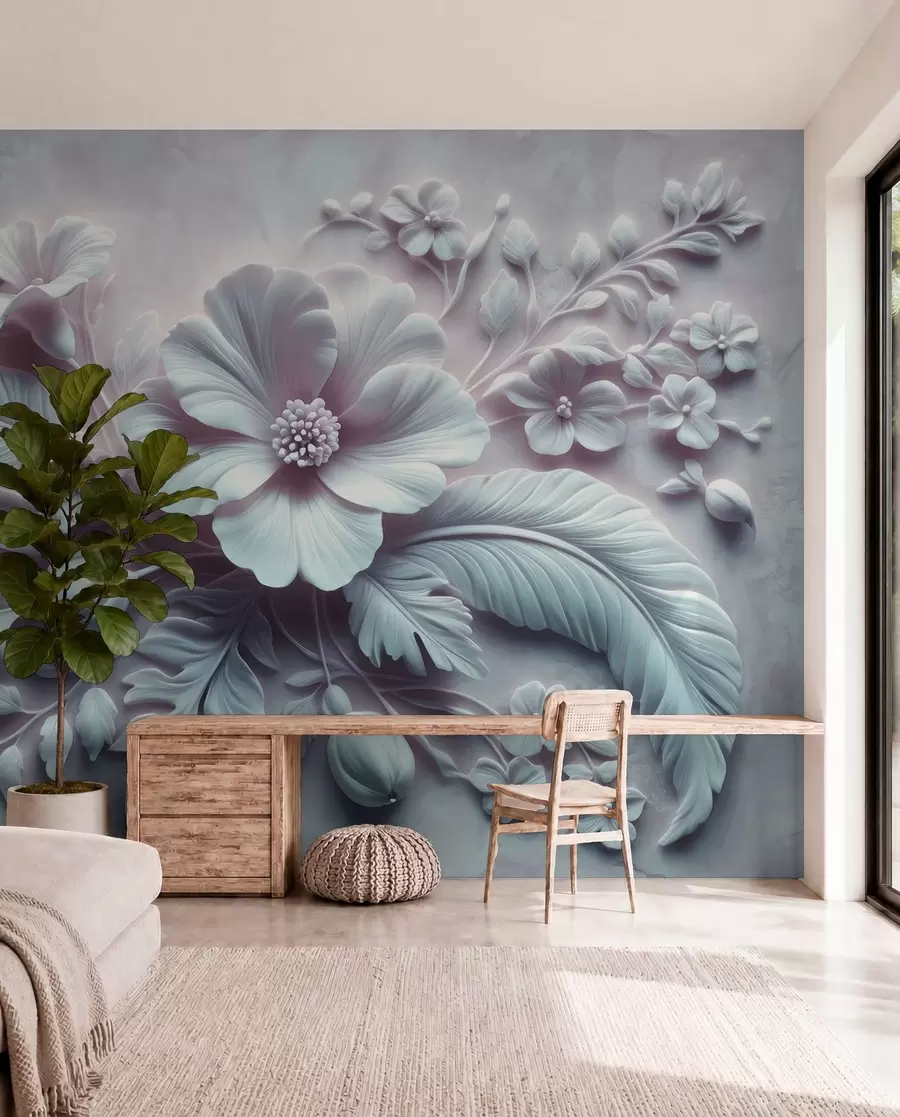 Papier peint Décoration murale en relief 3D représentant des plumes et des fleurs, avec un grand coquelicot aux couleurs bleu clair w01340v2