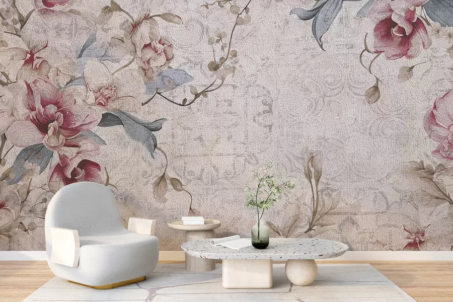 Papier peint Un motif floral vintage avec de délicates fleurs roses et blanches, des feuilles sur un fond beige clair w08149