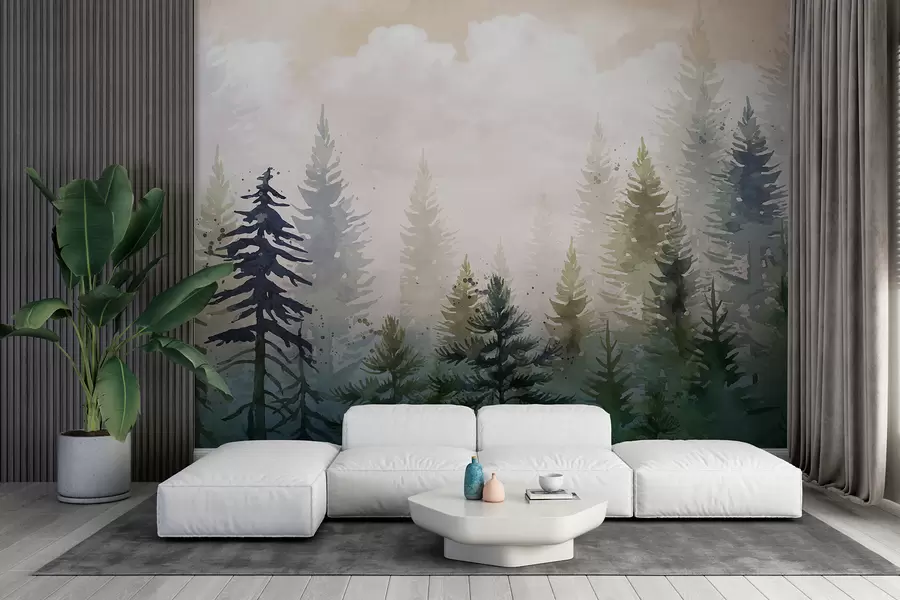 Papier peint Forêt de grands pins à feuilles persistantes dans un environnement brumeux et rempli de nuages doux et brumeux w08160