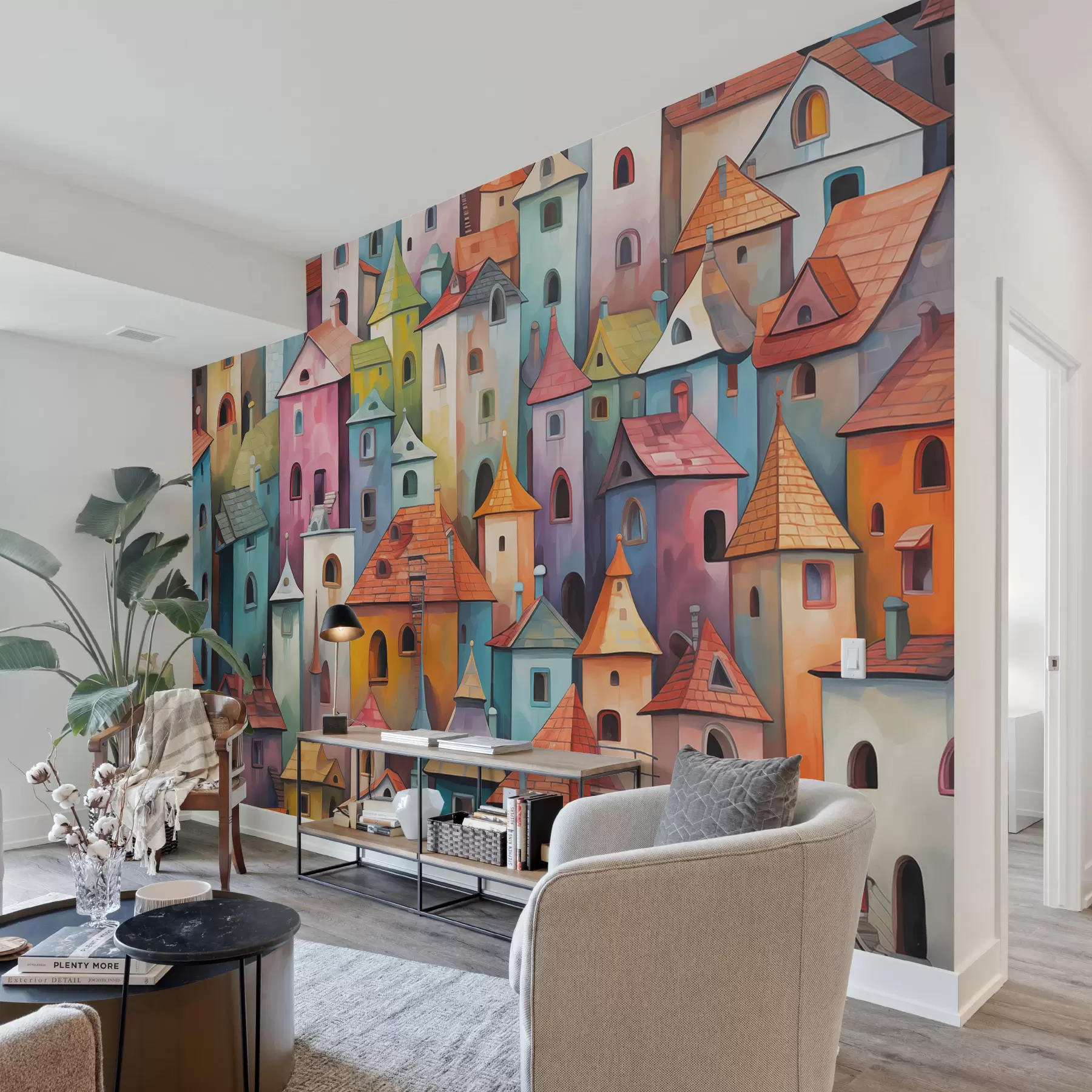 Papier peint Peinture imitant des maisons colorées et lumineuses avec des coups de pinceau w00946