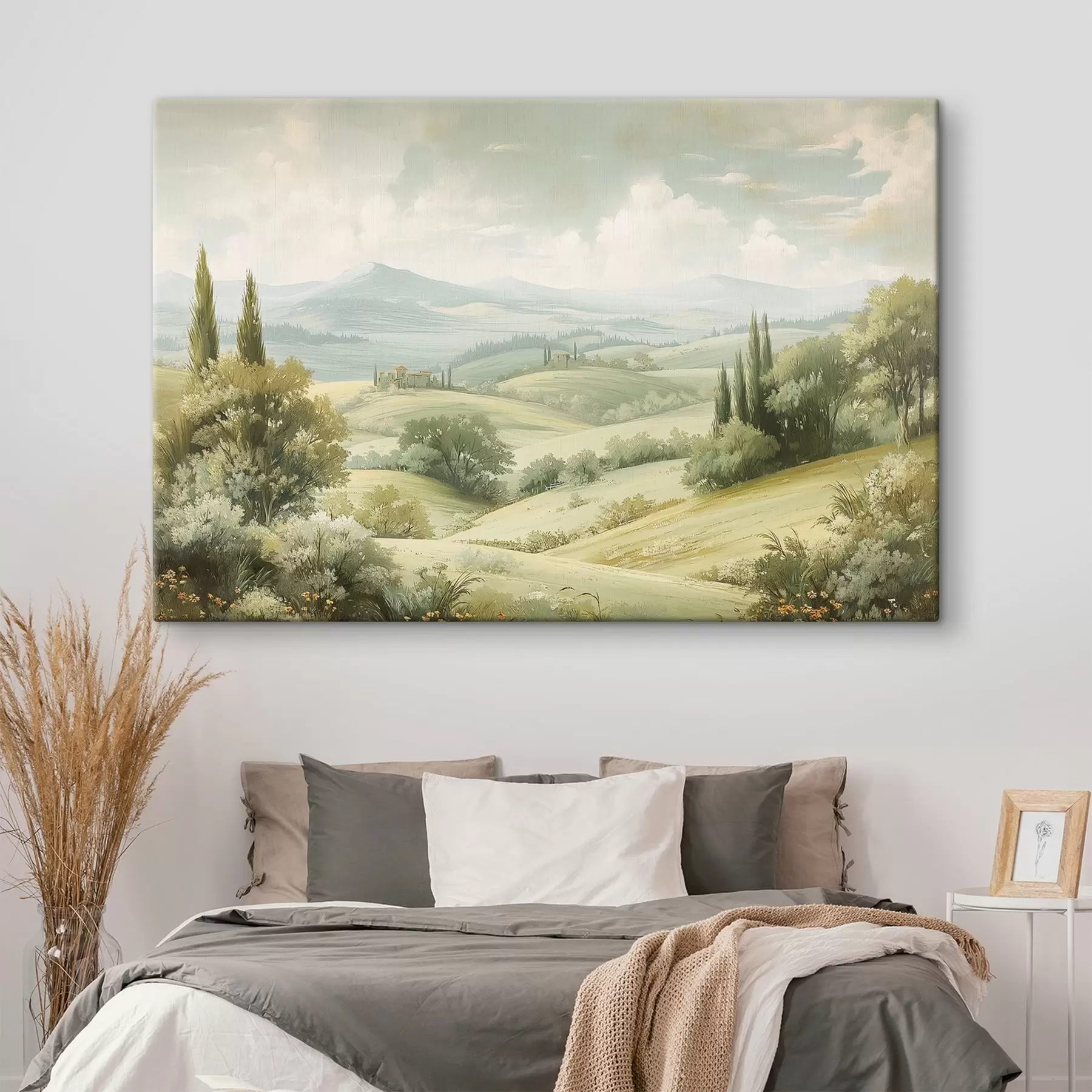 Tableau Paysage de rêve, style vintage, couleurs pastel, prairie, arbres, vieilles maisons s40083