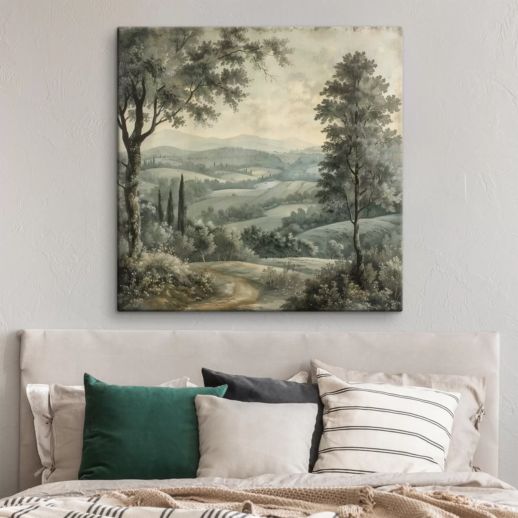 Papier peint Paysage italien vintage, style rustique, couleurs pastel, collines avec arbres, bohème s40086