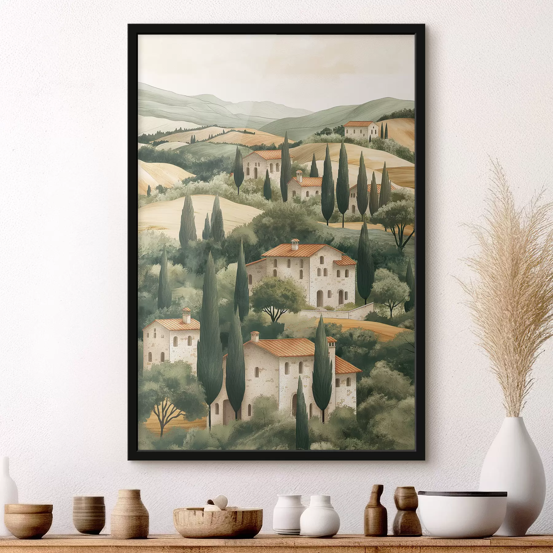 Tableau Paysage toscan avec maisons anciennes, couleurs pastel, collines et arbres, rustique f40082