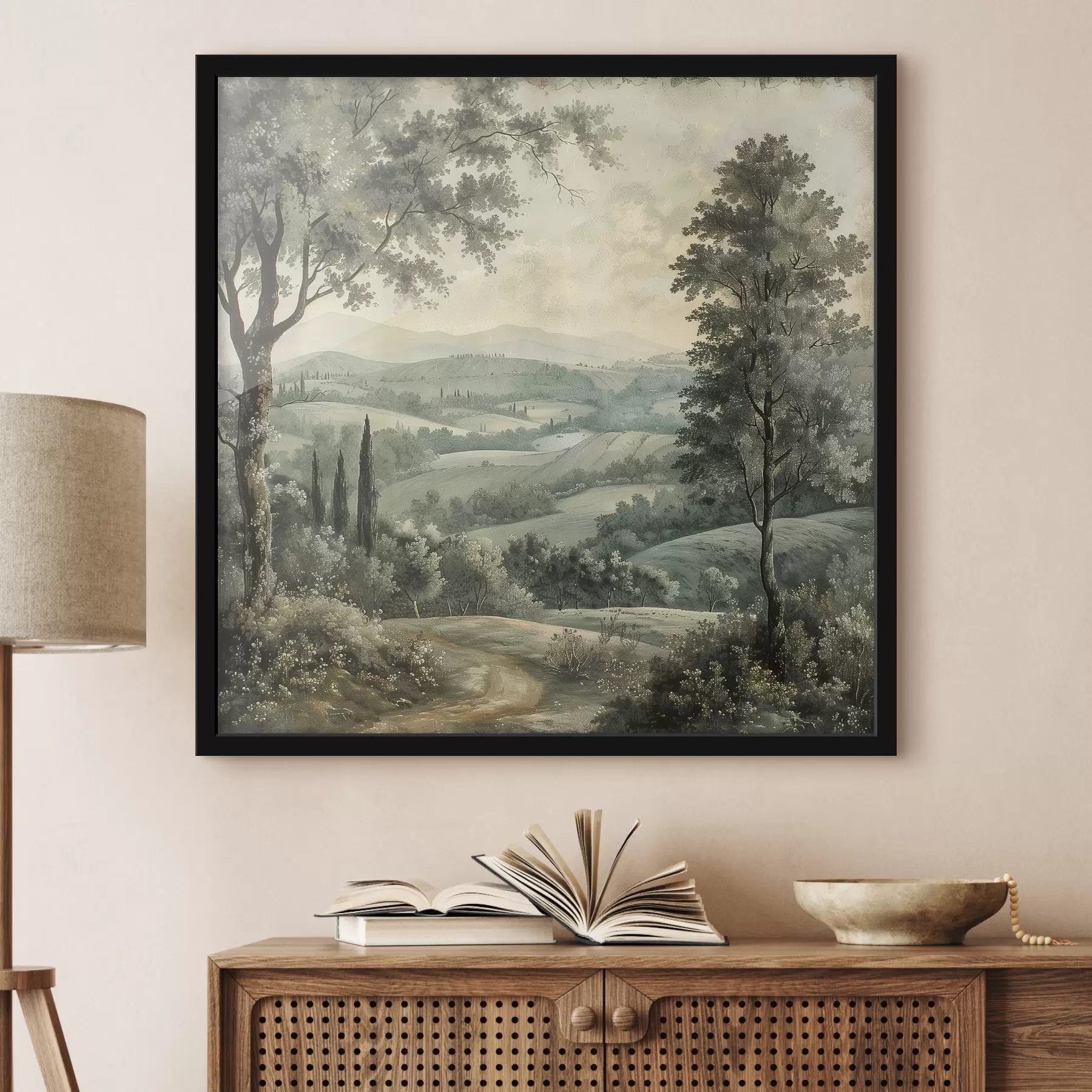 Papier peint Paysage vintage italien, style rustique, couleurs pastel, collines avec arbres, boho f40086