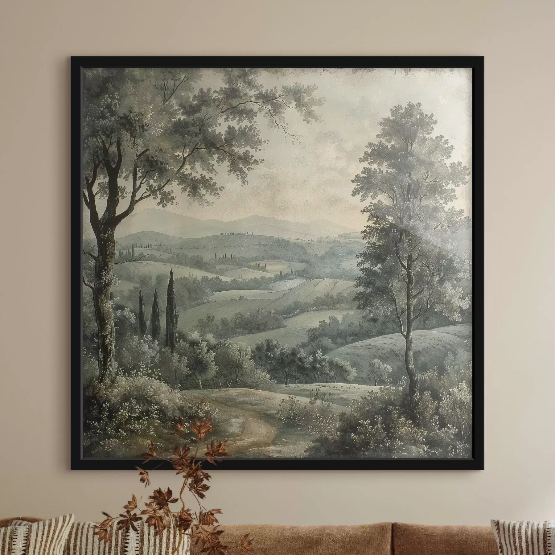 Tableau Paysage vintage italien, style rustique, couleurs pastel, collines avec arbres, boho f40086