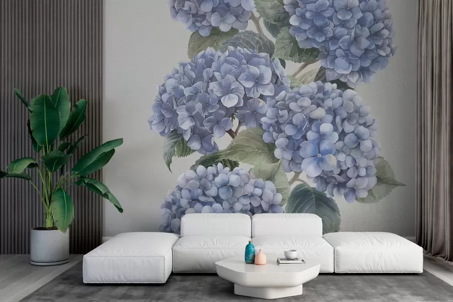 Papier peint Branches d'hortensia aux tons bleus doux w08176v2
