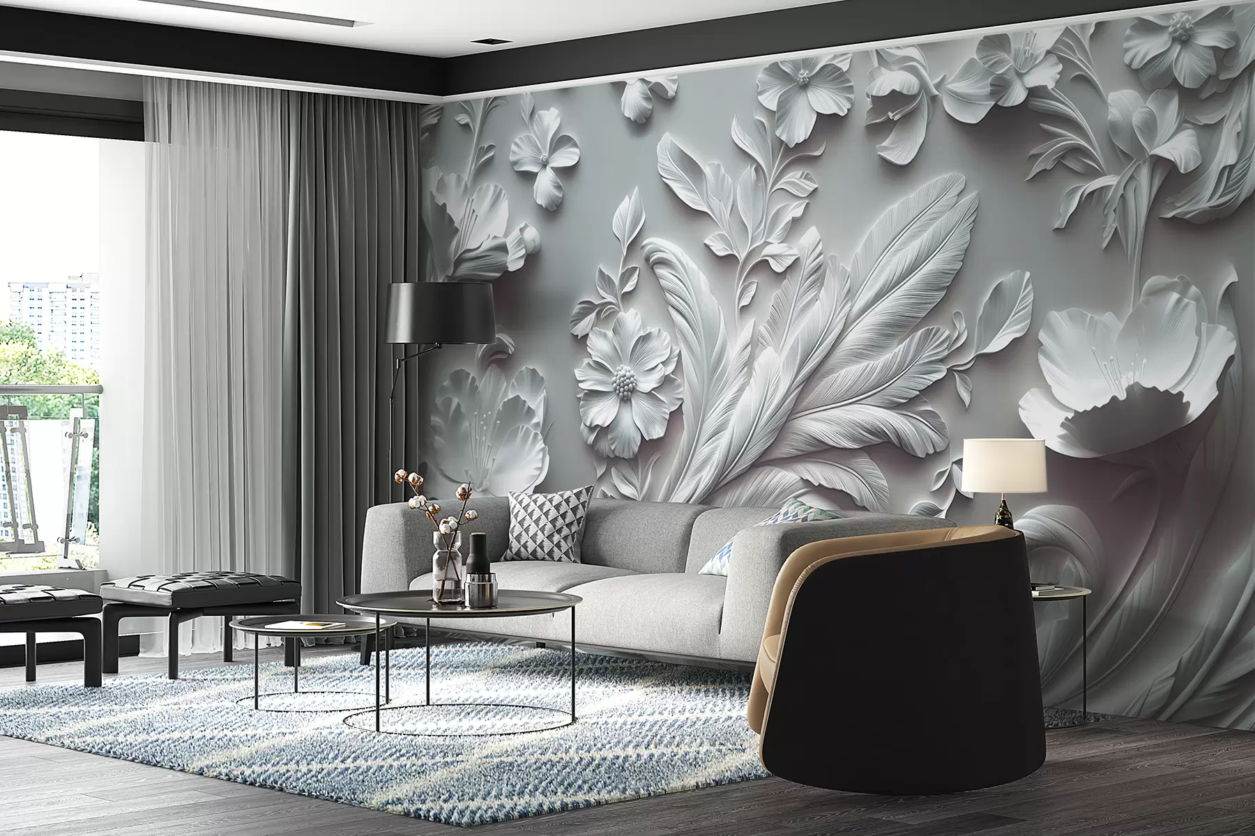 Papier peint Fleurs et feuilles en relief exquises dans des tons gris w01356v2