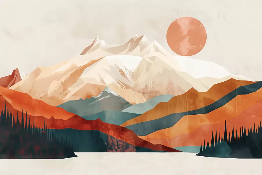 Papier peint Le bonheur bohème : un paysage serein de montagnes, d'arbres et de soleil w01358