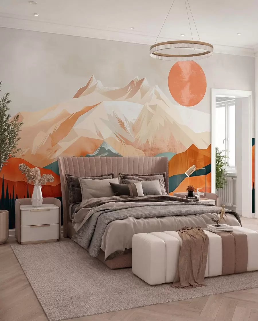 Papier peint Le bonheur bohème : un paysage serein de montagnes, d'arbres et de soleil w01358