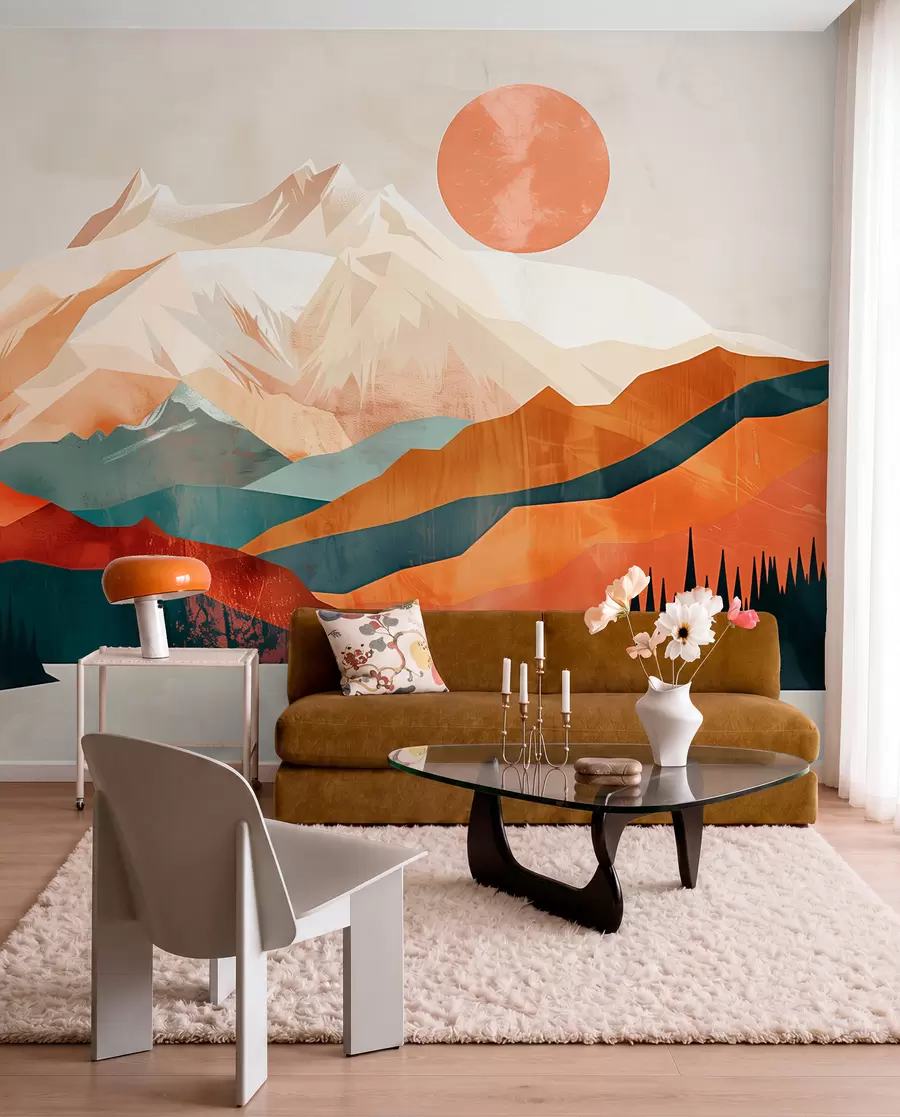 Papier peint Le bonheur bohème : un paysage serein de montagnes, d'arbres et de soleil w01358