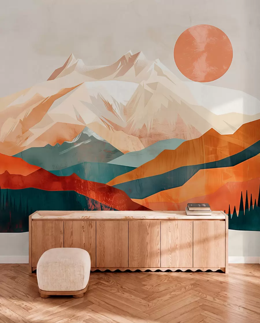 Papier peint Le bonheur bohème : un paysage serein de montagnes, d'arbres et de soleil w01358