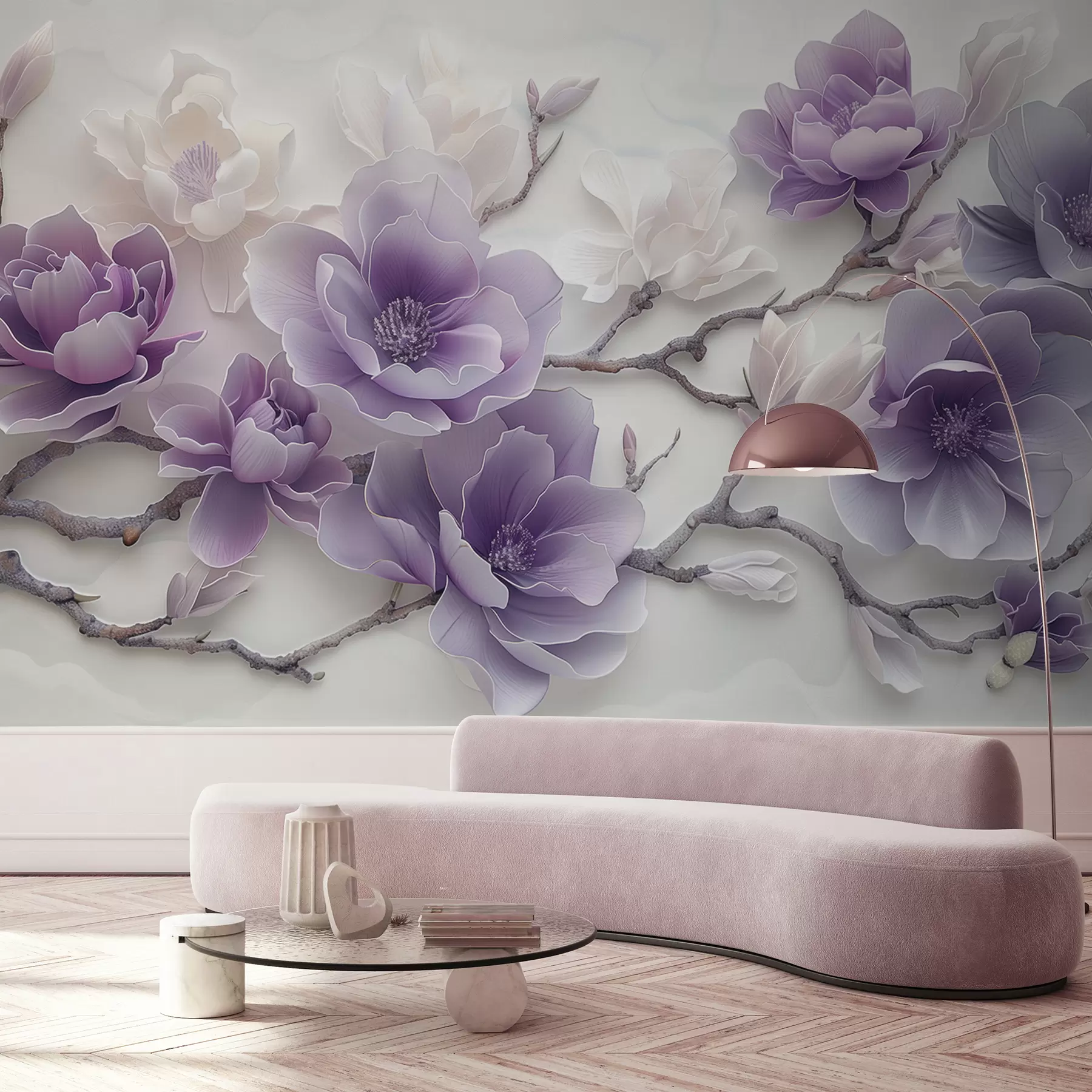 Papier peint Fleurs de magnolia violettes en relief sur une branche gracieuse w01359
