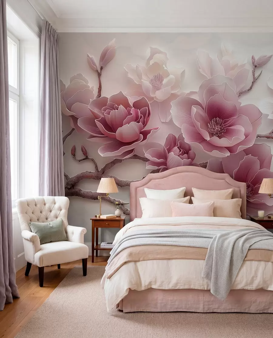 Papier peint Fleurs de magnolia roses en relief sur une branche gracieuse w01359v2