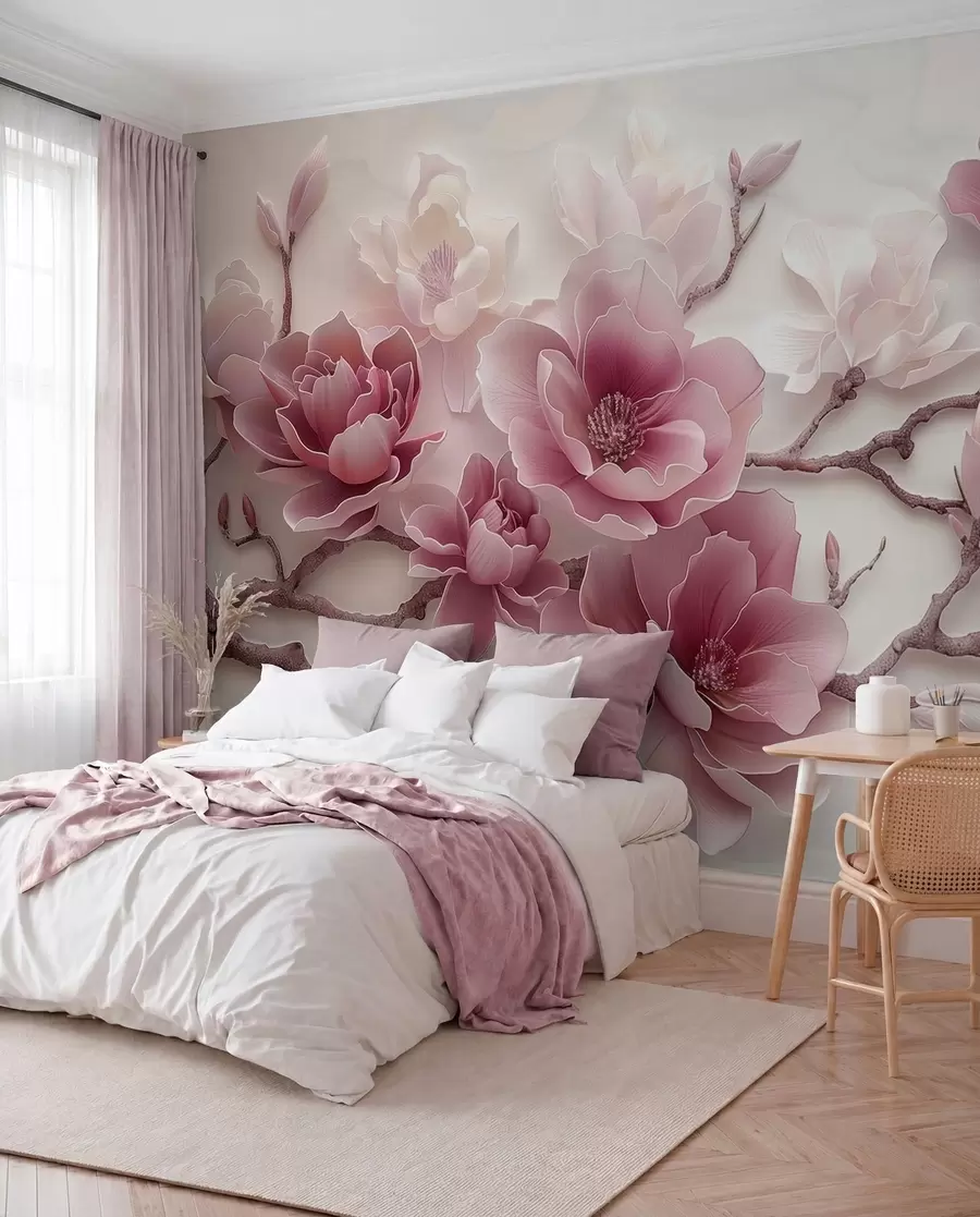 Papier peint Fleurs de magnolia roses en relief sur une branche gracieuse w01359v2