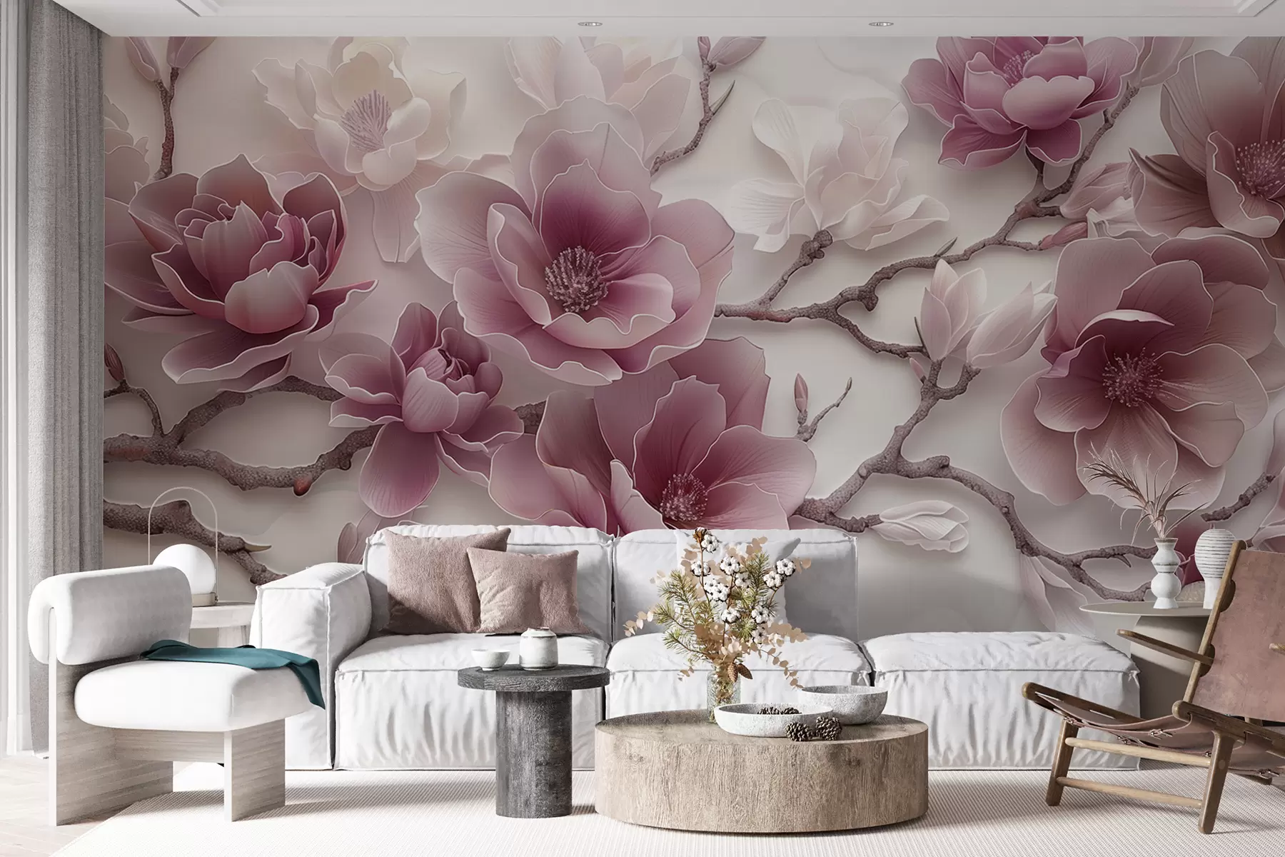 Papier peint Fleurs de magnolia roses en relief sur une branche gracieuse w01359v2
