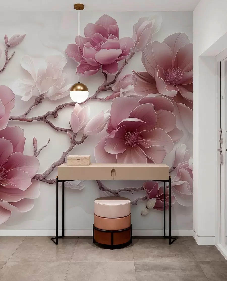 Papier peint Fleurs de magnolia roses en relief sur une branche gracieuse w01359v2