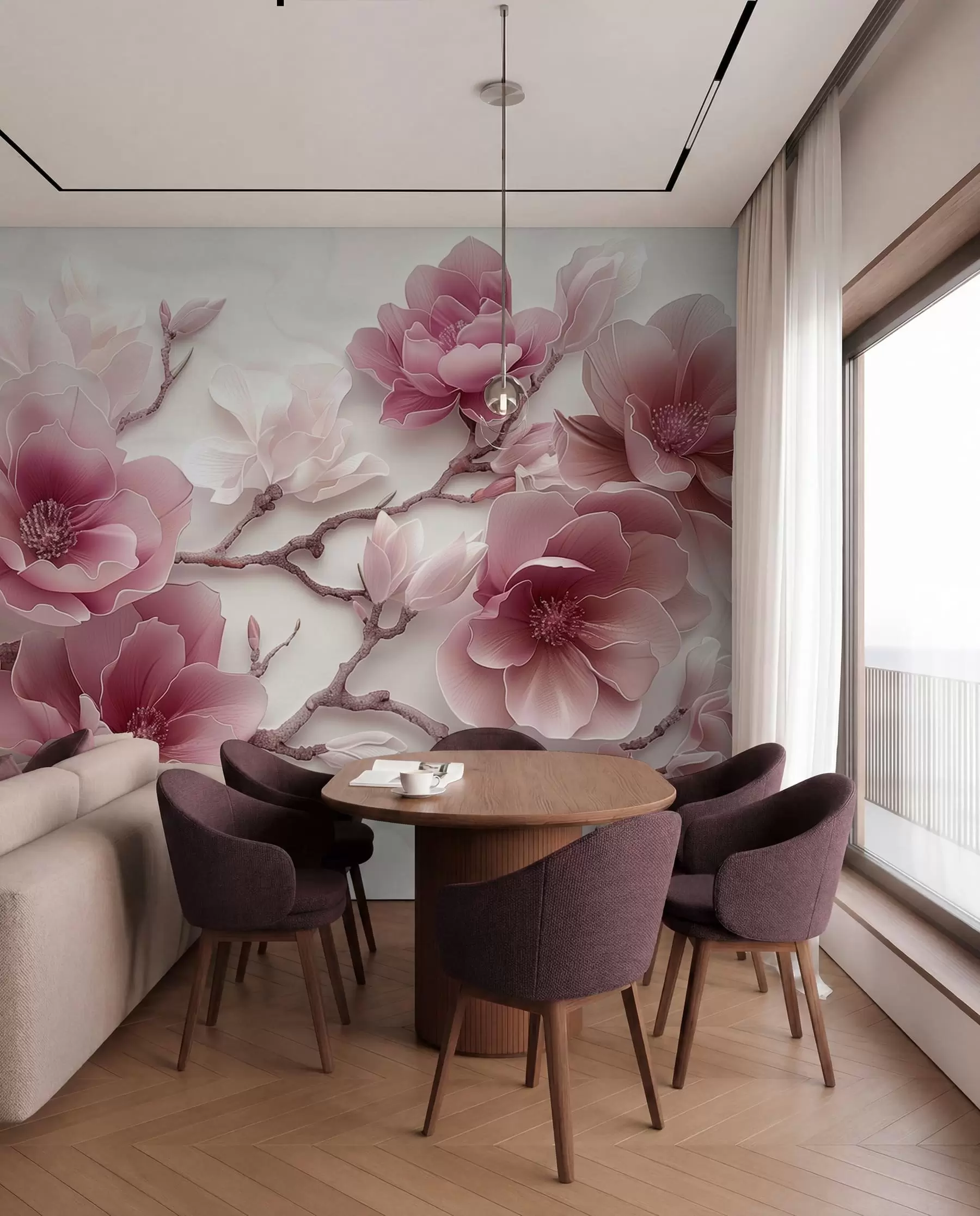 Papier peint Fleurs de magnolia roses en relief sur une branche gracieuse w01359v2