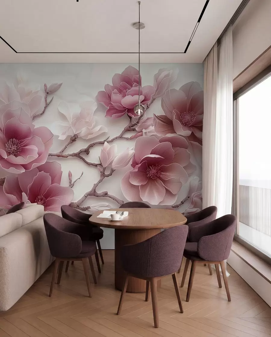 Papier peint Fleurs de magnolia roses en relief sur une branche gracieuse w01359v2