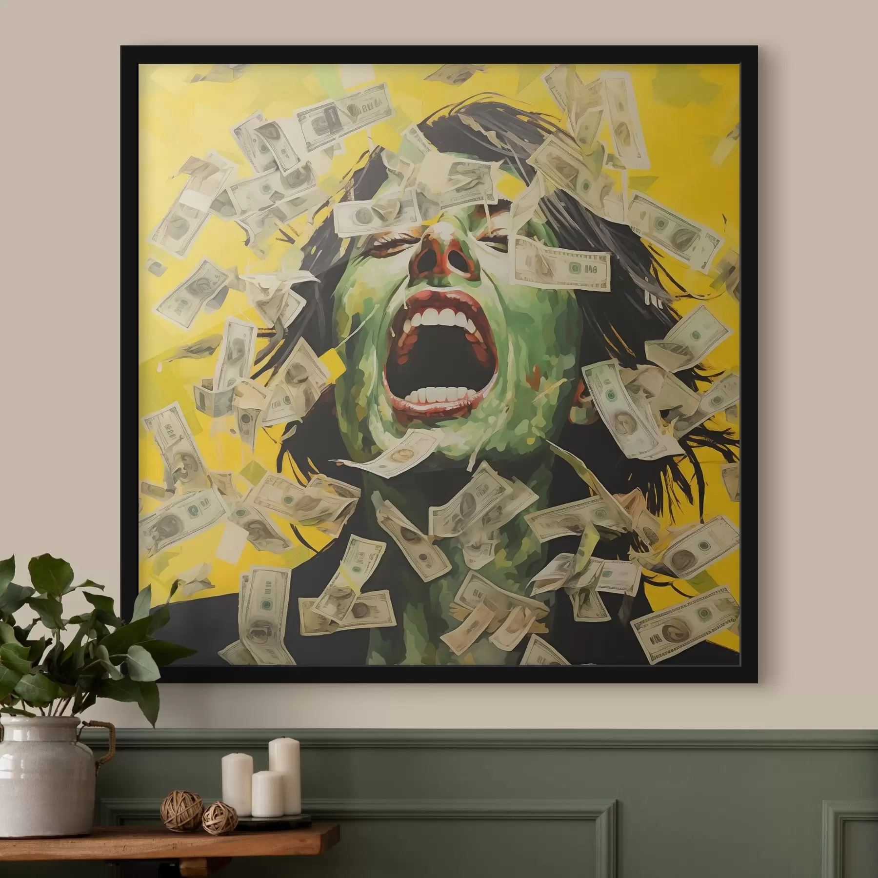 Papier peint Portrait d'une femme verte sur des billets de banque jaunes, criards, en papier, peinture à l'huile imitation argent f40096